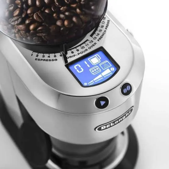 DeLonghi Dedica Coffee Grinder Dual Voltage Silver with LCD 2.webp