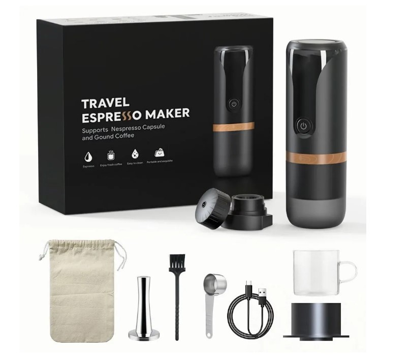 Eacam Espresso Machine 9 Bar Pressure Rechargeable 2 in 1 Portable Small - Black