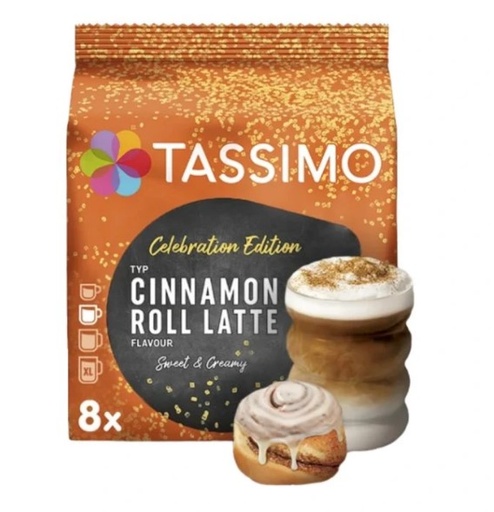 TASSIMO coffee Capsules COFFEESHOP Cinnamon Roll Latte- 8 Milk + 8 Espresso